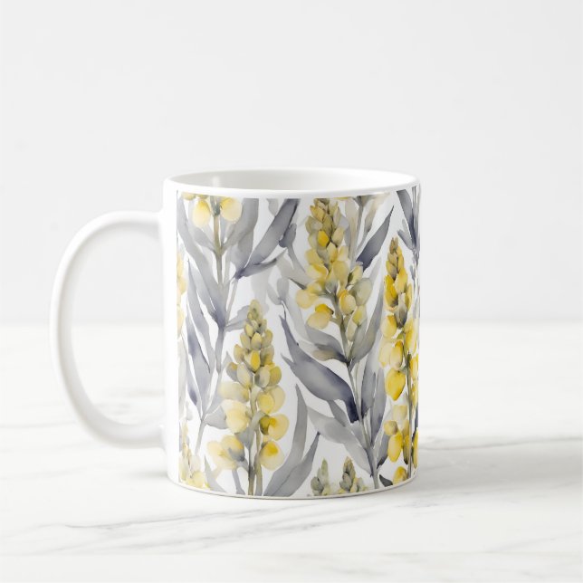 Caneca De Café Flores Amarelas do Tremoço Aquarela Design Floral (Esquerda)