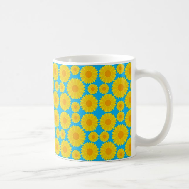 Caneca De Café Flores Amarelas e Laranja Negrito em Fundo Azul (Direita)