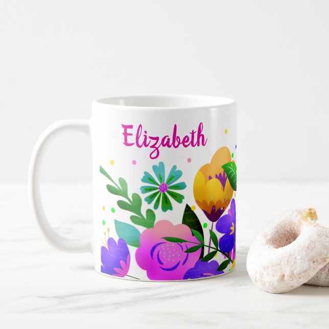 Caneca De Café Flores Amarelas Elegantes Rosa e Púrpura (Com Donut)