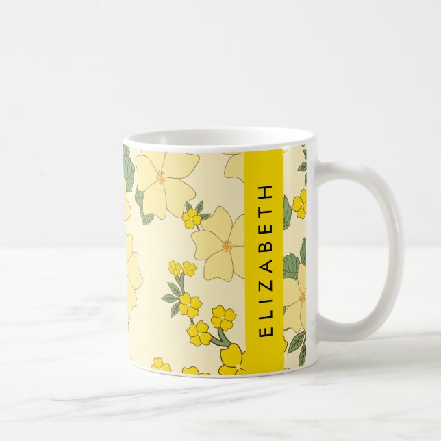 Caneca De Café Flores Amarelas, Padrão De Flores, Seu Nome (Direita)
