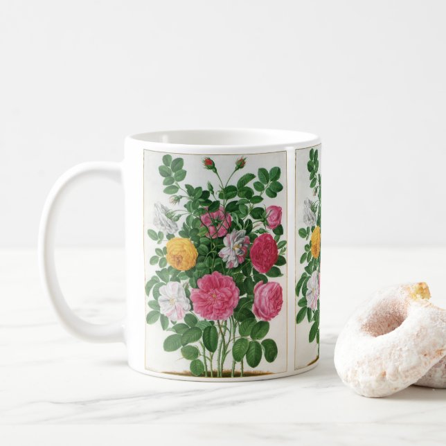 Caneca De Café Flores Antigas em Flor, Rosas de Jardim da Primave (Com Donut)