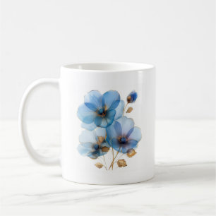 Caneca De Café Flores azuis azuis e douradas de cor aquática etér