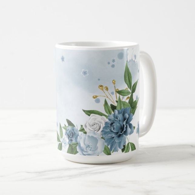 Caneca De Café flores azuis bonitas folhagens  (Frente Esquerda)