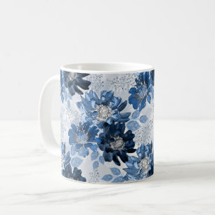 Caneca De Café Flores azuis-claras e azuis-escuras em cinzas clar
