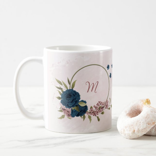 Caneca De Café flores azuis cor-de-rosa marinho (Com Donut)