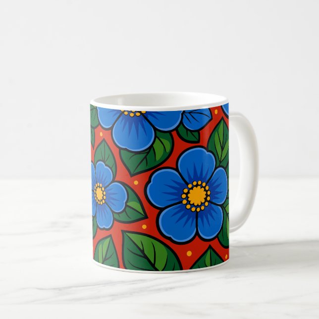 Caneca De Café Flores Azuis e Folhas Verdes em um Fundo Vermelho (Frente Esquerda)
