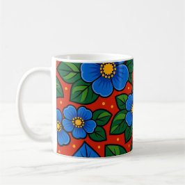 Caneca De Café Flores Azuis e Folhas Verdes em um Fundo Vermelho