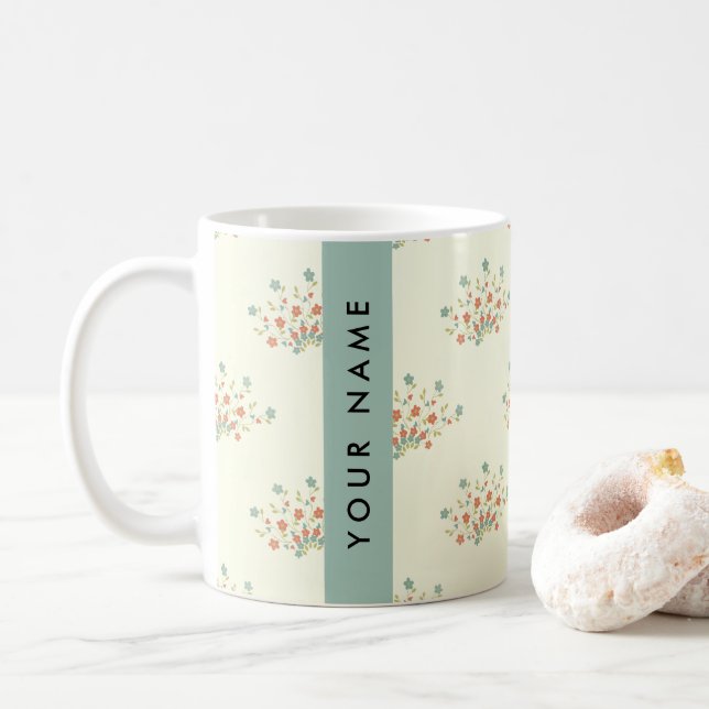 Caneca De Café Flores Azuis e Vermelhas, Azul, Seu Nome (Com Donut)
