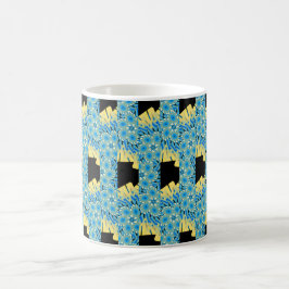 Caneca De Café Flores azuis em preto com abstrato amarelo