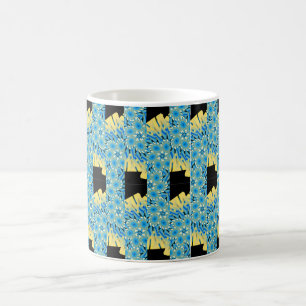 Caneca De Café Flores azuis em preto com abstrato amarelo