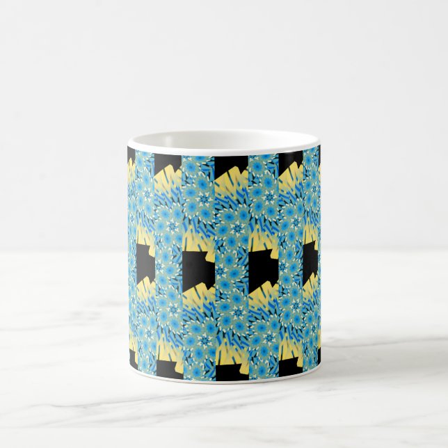 Caneca De Café Flores azuis em preto com abstrato amarelo (Centro)