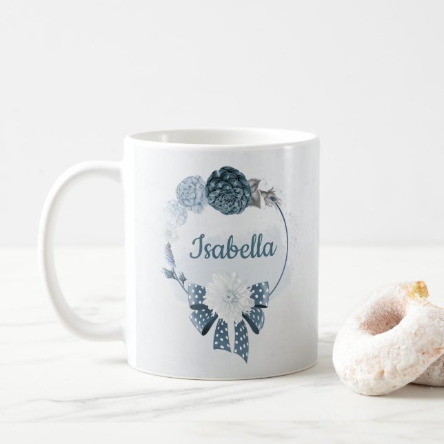 Caneca De Café flores azuis navy empoeiradas botânico (Com Donut)