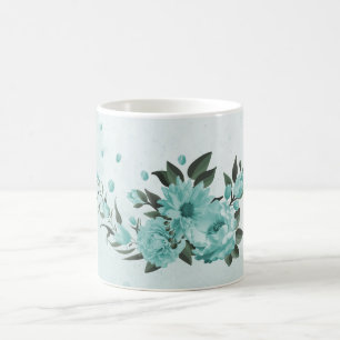 Caneca De Café flores azuis românticas e folhas verdes