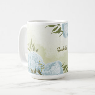 Caneca De Café flores azuis românticas & folhas verdes botânico