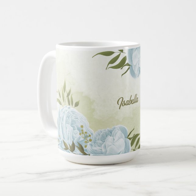 Caneca De Café flores azuis românticas & folhas verdes botânico (Frente Esquerda)