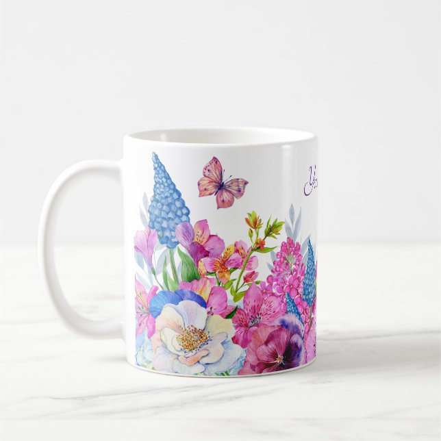 Caneca De Café Flores azuis roxas floridas primavera nome persona (Esquerda)