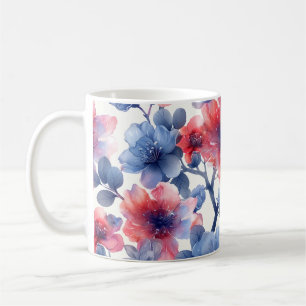 Caneca De Café Flores azuis, vermelho-aquarelas, em branco
