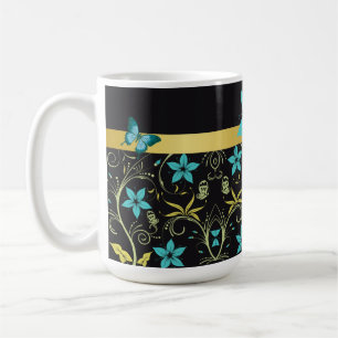 Caneca De Café Flores Azuis, Vinhas E Borboletas