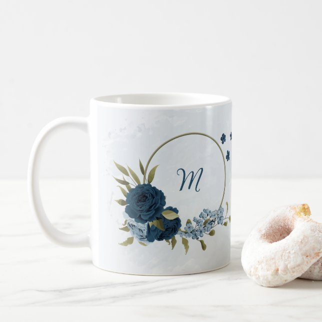 Caneca De Café flores azul marinho azul claro  (Com Donut)