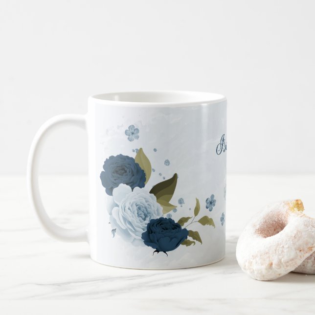 Caneca De Café flores azul marinho claro (Com Donut)