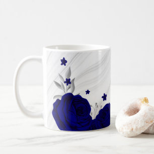 Caneca De Café flores azul royal folhas de prata mármore