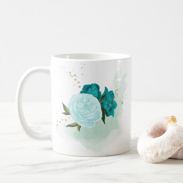 Caneca De Café flores azul turquesa claro  (Com Donut)