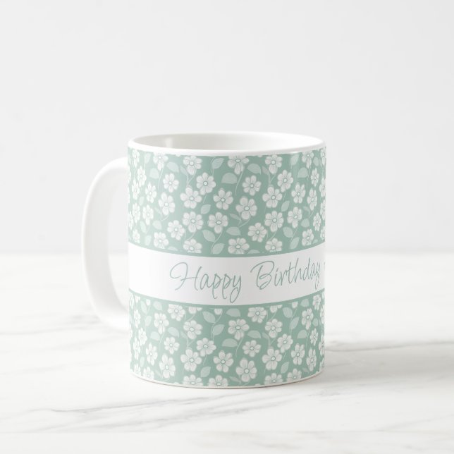 Caneca De Café Flores Boho Personalizadas Verde Pastel Menta Bran (Frente Esquerda)