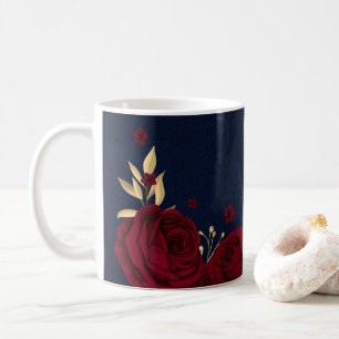 Caneca De Café flores borgonha folhas douradas azul-marinho