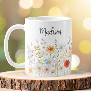 Caneca De Café Flores Botânicas Florais Selvagens em Aquarela Mon