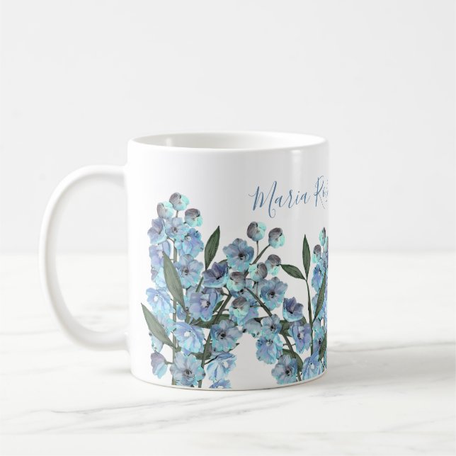 Caneca De Café Flores Botânicas Florais Simples Delphinium Azul  (Esquerda)