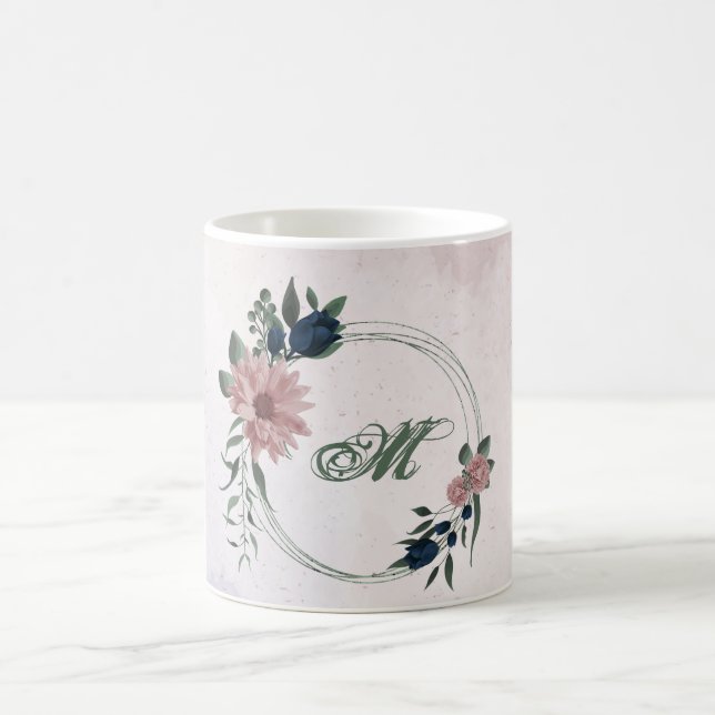 Caneca De Café flores botânicas rosa e azul marinho (Centro)
