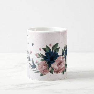 Caneca De Café flores botânicas rosa e azul-marinho