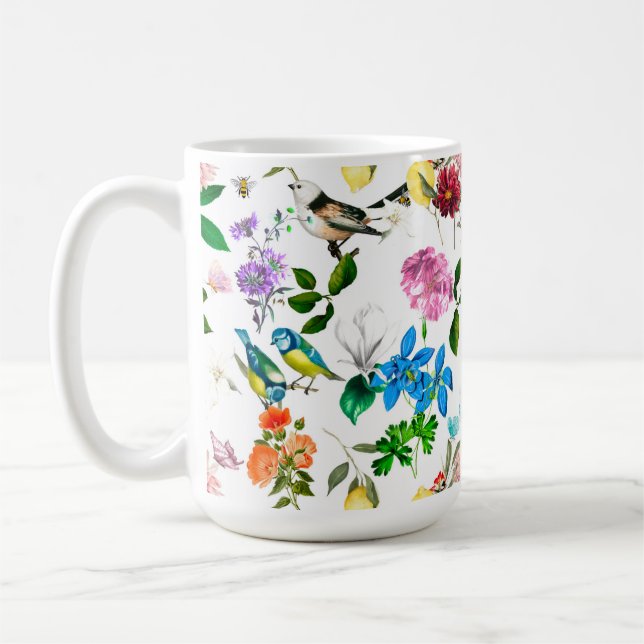 Caneca De Café Flores brancas, aves, abelhas, limão, borboletas, (Esquerda)