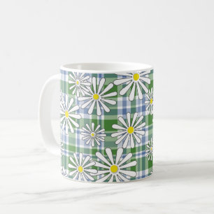 Caneca De Café Flores brancas camomila em um azul verde