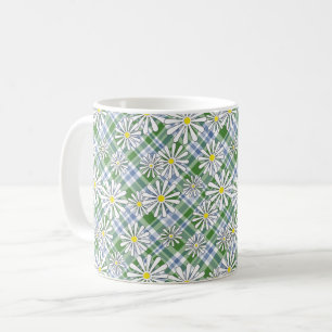 Caneca De Café Flores brancas camomila em um azul verde