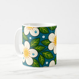 Caneca De Café Flores Brancas Cremosas com Padrão de Folhas Verde