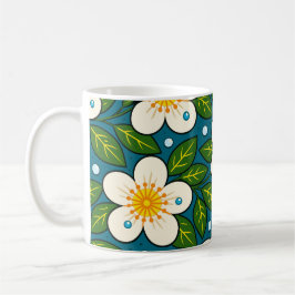 Caneca De Café Flores Brancas Cremosas com Padrão de Folhas Verde