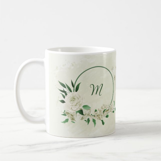 Caneca De Café Flores brancas de marfim românticas com folhagens (Esquerda)