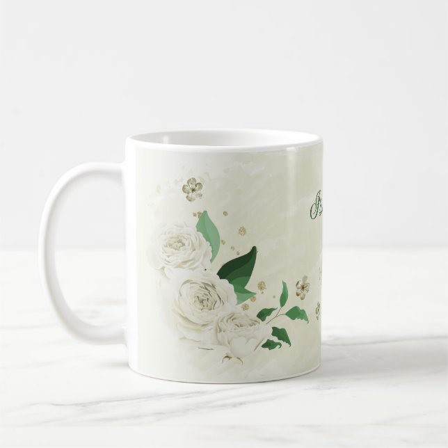 Caneca De Café Flores brancas de marfim românticas com folhagens (Esquerda)