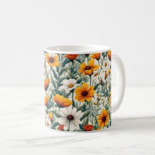 Caneca De Café Flores Brancas e Douradas