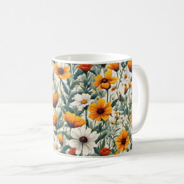 Caneca De Café Flores Brancas e Douradas (Frente Esquerda)