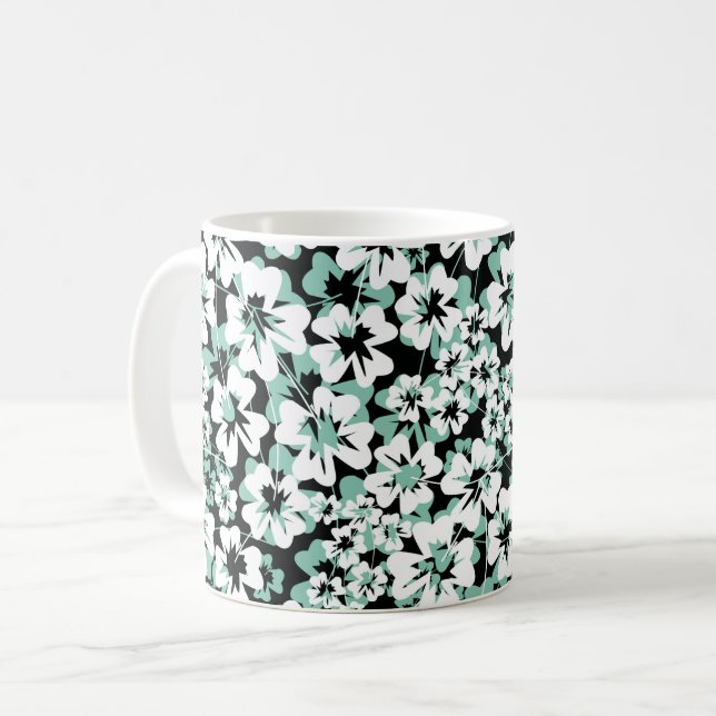 Caneca De Café Flores brancas e turquesas a preto. (Frente Esquerda)