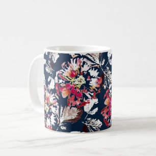 Caneca De Café Flores brancas e vermelhas em azul.