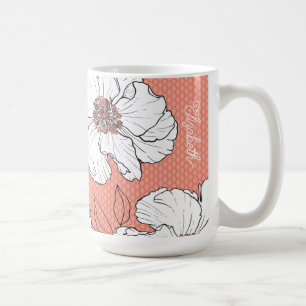 Caneca De Café Flores Brancas Elegantes Personalizadas em Coral