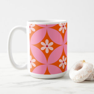 Caneca De Café Flores Brancas em Padrão de Círculos Rosa de Meado