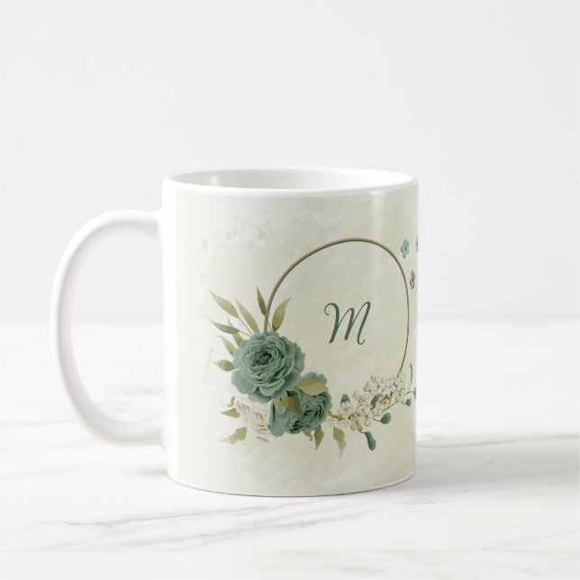 Caneca De Café flores brancas em verde sálvia (Esquerda)