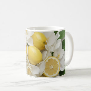 Caneca De Café Flores Brancas, Limões e Folhas Verdes sobre Branc