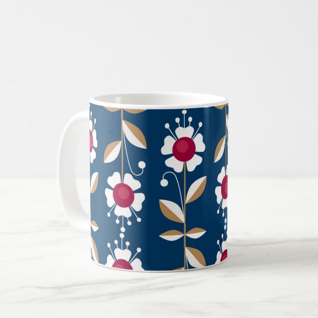 Caneca De Café Flores brancas retrô em um fundo azul escuro (Frente Esquerda)
