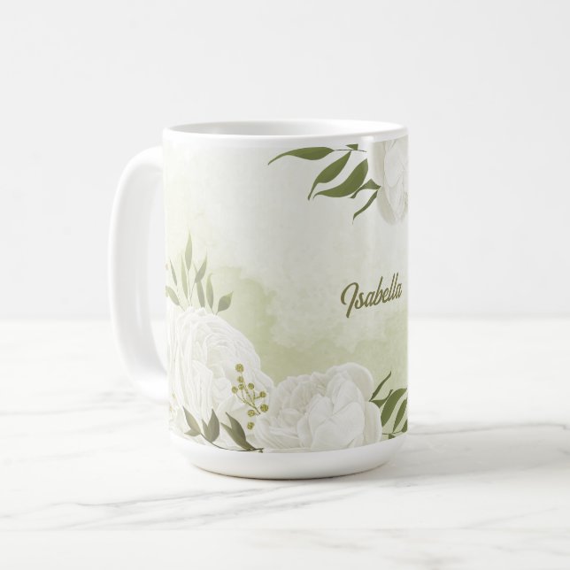 Caneca De Café flores brancas românticas com lindas folhas verdes (Frente Esquerda)