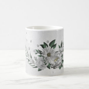 Caneca De Café flores brancas românticas folhagem